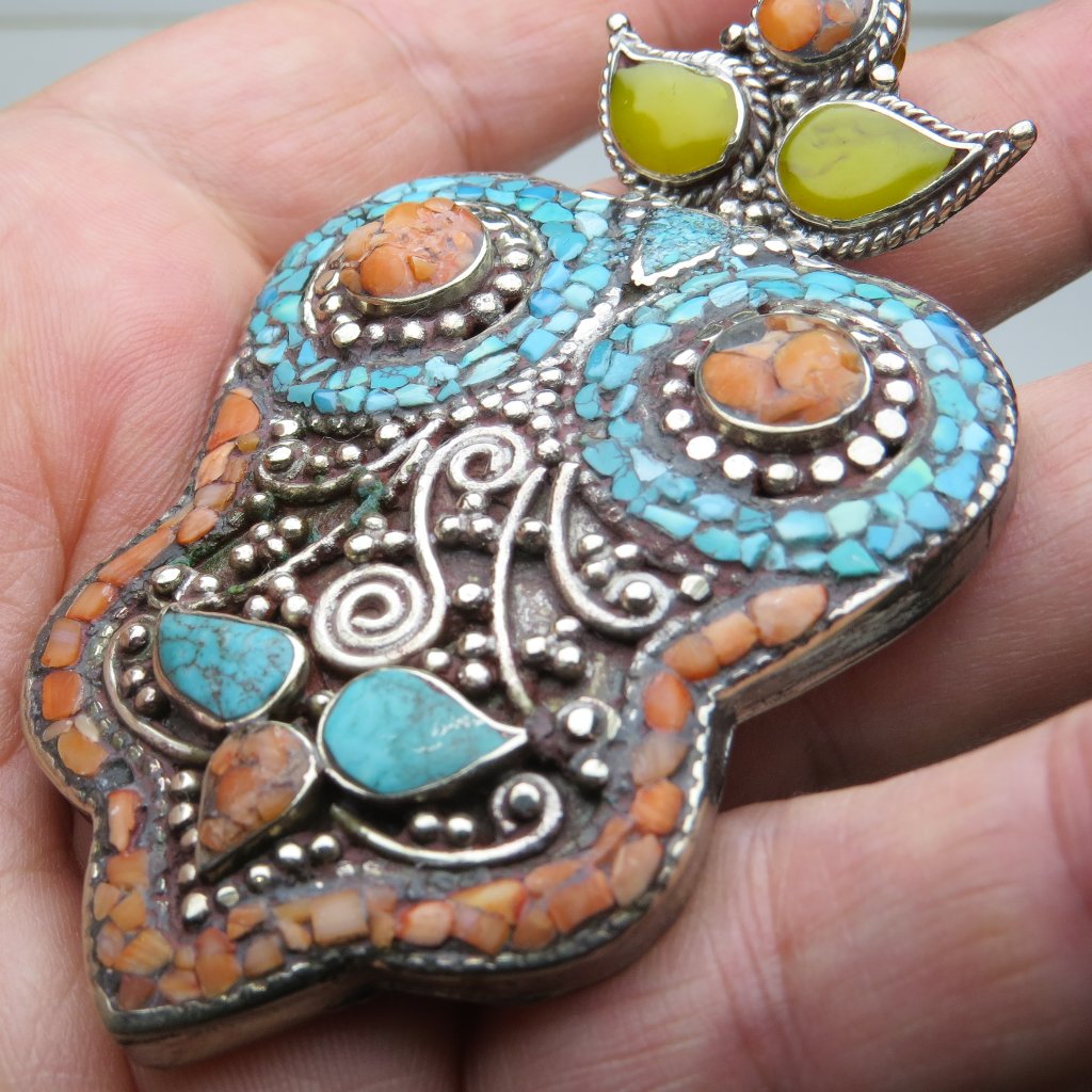 *925 Silver Antique Tibetan Coral Turquoise Pendant